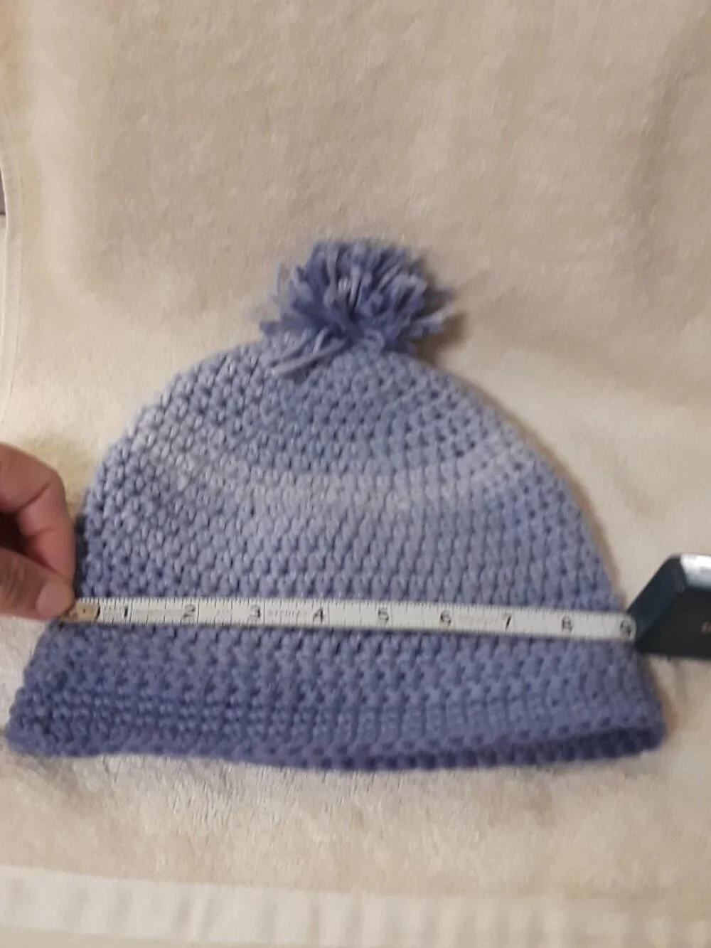 Winter hat beanie crochet YOUTH blue & white hombre-like pattern with tassel EUC